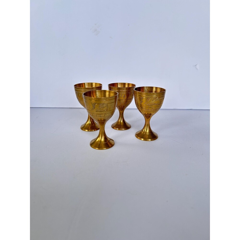 Vintage Etched Brass Mini Goblets, Set of 4 | Small Engraved Brass Cordial Cups